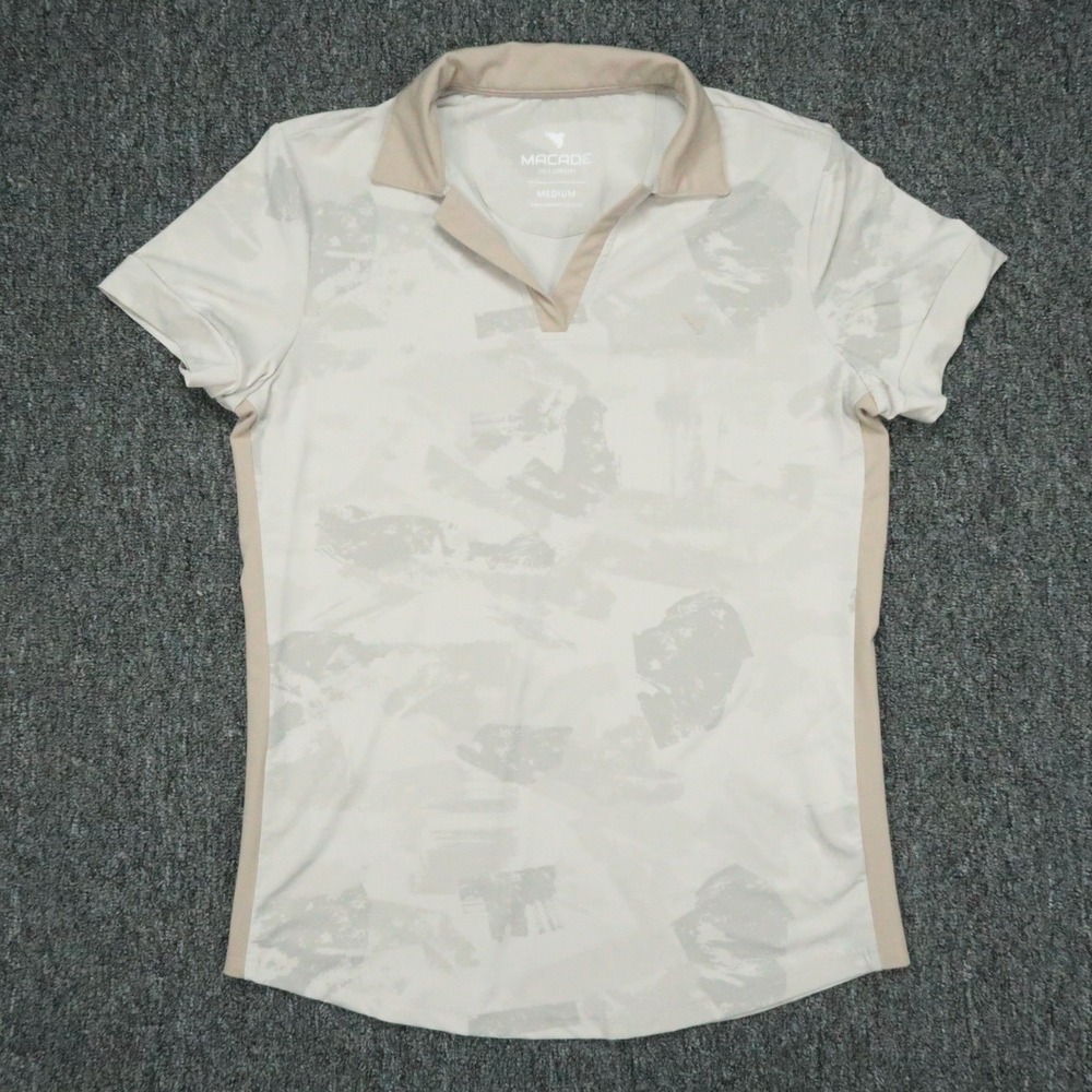 Macade Shirt Womens Medium Tan Beige Abstract Golf Polo Short Sleeve
